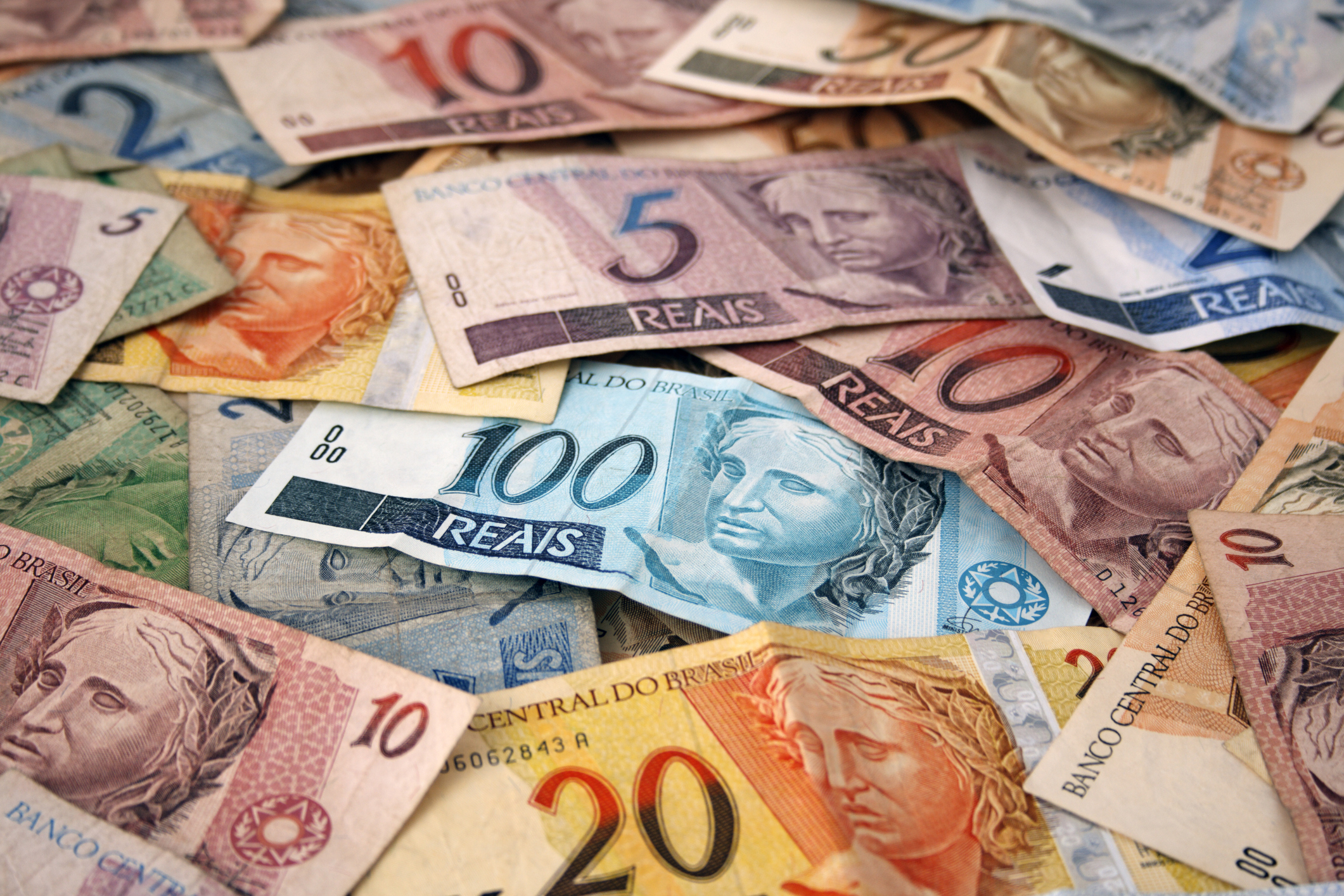 Brazilian money background. Bills called Reais (Real).