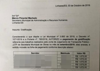 Prefeitura de Linhares: Gratificação a funcionário que já recebe cerca de 5 mil reais