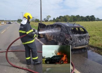 VÍDEOS – Automóvel pega fogo na estrada do Pontal do Ipiranga