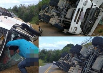 Caminhão tomba na estrada do Farias e uma vítima fica presa às ferragens