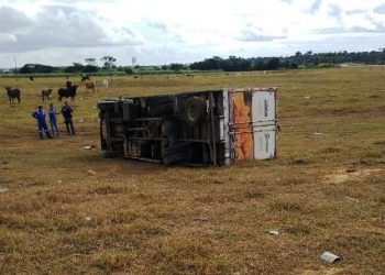 Caminhão frigorífico tomba em pasto na estada do Pontal