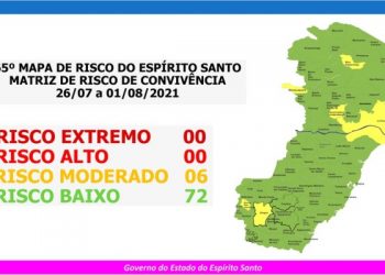 MAPA DE RISCO – Linhares volta para o “Risco Moderado”. No ES são 6 cidades no Risco Moderado e 72 no Baixo