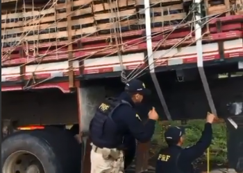 VÍDEO – Fiscalização do Grupo de Trânsito da PRF flagra caminhão transitando em situação irregular na BR 101 em Linhares