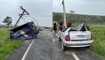 VÍDEO: ESTRADA DA LAGOA NOVA – Caminhão colide em automóvel, poste e tomba.
