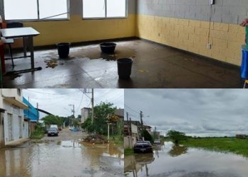 VÍDEOS – Semana marcada por ruas alagadas, e até escola recém-reformada cheia de goteiras em Linhares