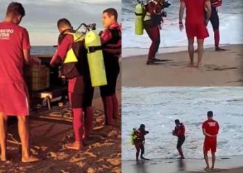 VÍDEO – Equipe de mergulho dos Bombeiros Militares reinicia buscas, nesta manhã (14), por menino que desapareceu no mar de Povoação