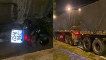 VÍDEO – Colisão entre motocicleta e carreta deixa motociclista com várias fraturas em uma das pernas e outros ferimentos