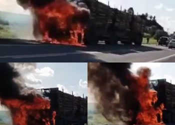 VÍDEO – Carreta e motocicleta pegam fogo em acidente na BR 101 e deixa vítima em estado grave