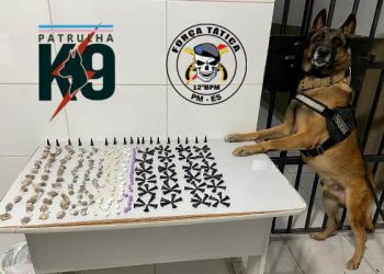 Força Tática e equipe K9, com o Cão Nill, apreende crack, cocaína e maconha no Santa Cruz