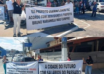 VÍDEOS – Servidores Públicos realizam manifestação contra ex-prefeito e prefeito de Linhares. Manifestação ocorreu até durante inauguração de praça