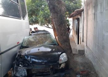 VÍDEOS – Ônibus derruba poste padrão, muro e prensa carro contra árvore, em Linhares