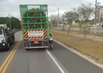 VÍDEO FLAGRANTE – Irresponsabilidade no Trânsito, ciclista é flagrada pegando “carona” em carreta que faz transporta eucalipto
