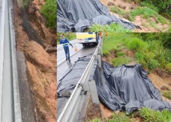 Vídeo mostra risco de desmoronamento no KM 177 da BR 101, próximo a Pamonharia, em Jacupemba