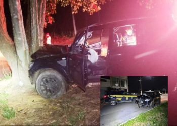 Carro clonado bate em árvore, na BR 101, em Sooretama, motorista atira contra a PRF, foge e passageiros são detidos