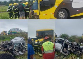 ATUALIZAÇÃO; VÍDEOS – Acidente entre ônibus e automóvel na BR 101, em Linhares. No ônibus estavam alunos de uma escola em Linhares. Ninguém no transporte coletivo ficou ferido