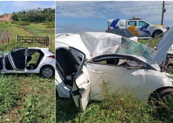 Carro capota na “Estrada da Lagoa Nova” ES-248 e 3 crianças e dois adultos são levados para o hospital