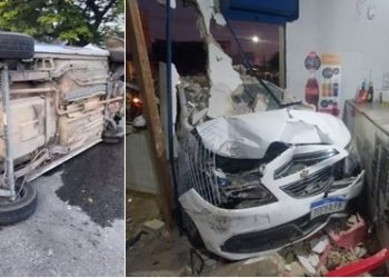 VÍDEOS – Três pessoas ficam feridas após colisão entre dois carros e um deles invade  estabelecimento comercial