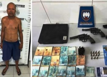 Polícia Militar cumpre mandado de prisão no Bairro Araçá e apreende armas de fogo, munições e mais de 17 mil reais em dinheiro.