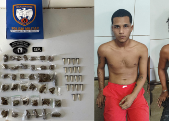 Dois jovens e um adolescente de 16 anos são levados para a delegacia após serem flagrados com grande quantidade de crack, maconha e cocaína