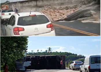 ATUALIZAÇÃO  E VÍDEOS – Parcialmente liberada – Carreta carregada com cimento tomba e interdita totalmente a ES-248