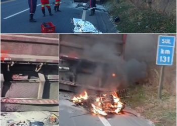 VÍDEO – Motociclista morre após colidir em carreta e moto pegar fogo na BR-101 em Linhares