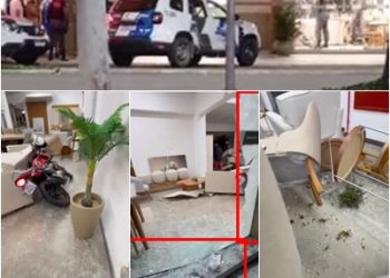 VÍDEO – Fuga alucinante termina com motociclista invadindo loja no Centro de Linhares e prejuízo passa de 30 mil. Saiba motivo da fuga