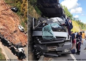 VÍDEO – Acidente grave na BR-101 em Pedro Canário – Motorista de carreta-cegonha morre preso às ferragens e pista segue interditada