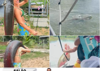 VÍDEOS – Passeio de barco vira pescaria histórica: empresária fisga pirarucu gigante de 65 kg em Linhares”