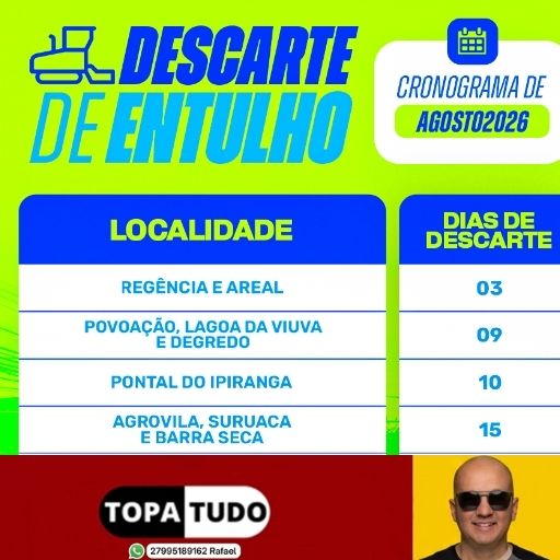 Prefeitura de Linhares divulga cronograma de descarte de entulho para agosto de 2026; confira as orientações
