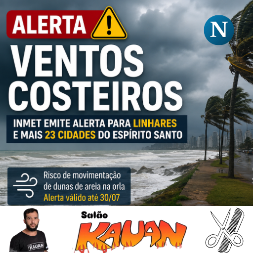Inmet emite alerta de ventos costeiros para Linhares e outras 23 cidades do Espírito Santo