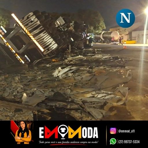 Em Aracruz, carreta carregada com pedras tomba na BR-101 e motorista fica ferido
