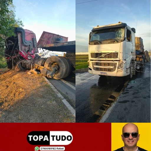 VÍDEO – Acidente grave entre duas carretas na BR-101, em Linhares, deixa motorista preso às ferragens e provoca trânsito lento
