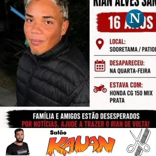 Família vive desespero: Rian, de 16 anos, continua desaparecido após sair de casa de motocicleta em Sooretama